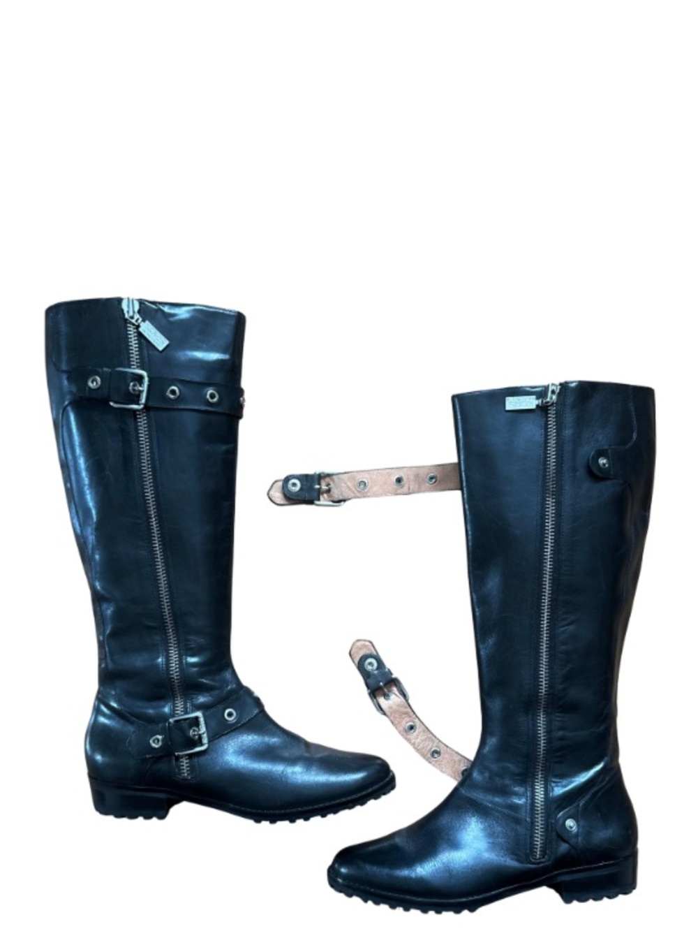 Michael Kors Women's Black Leather Tall Zip Buckle Riding Boots